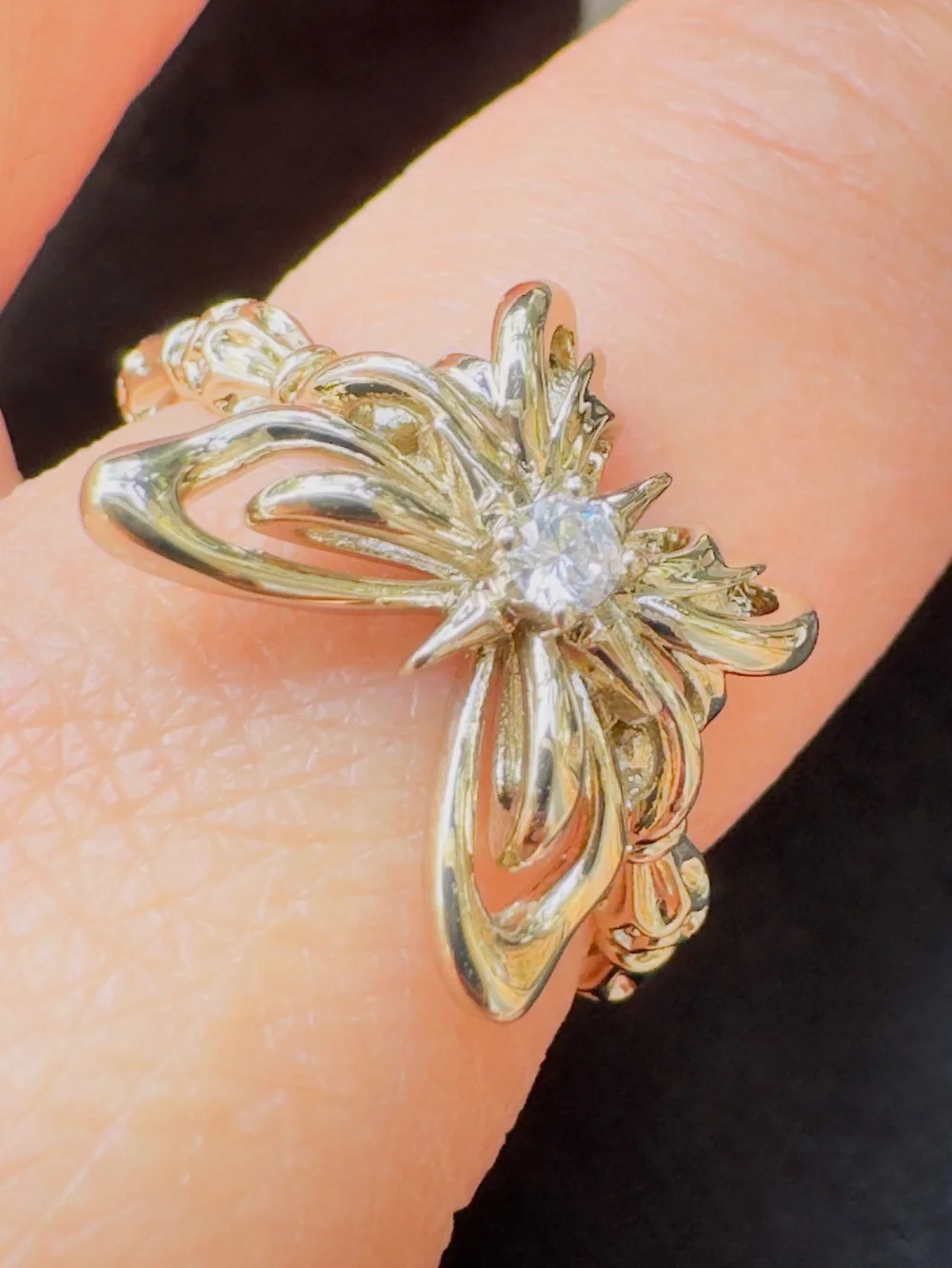 Gold Butterfly Ring with Clear Center Stone